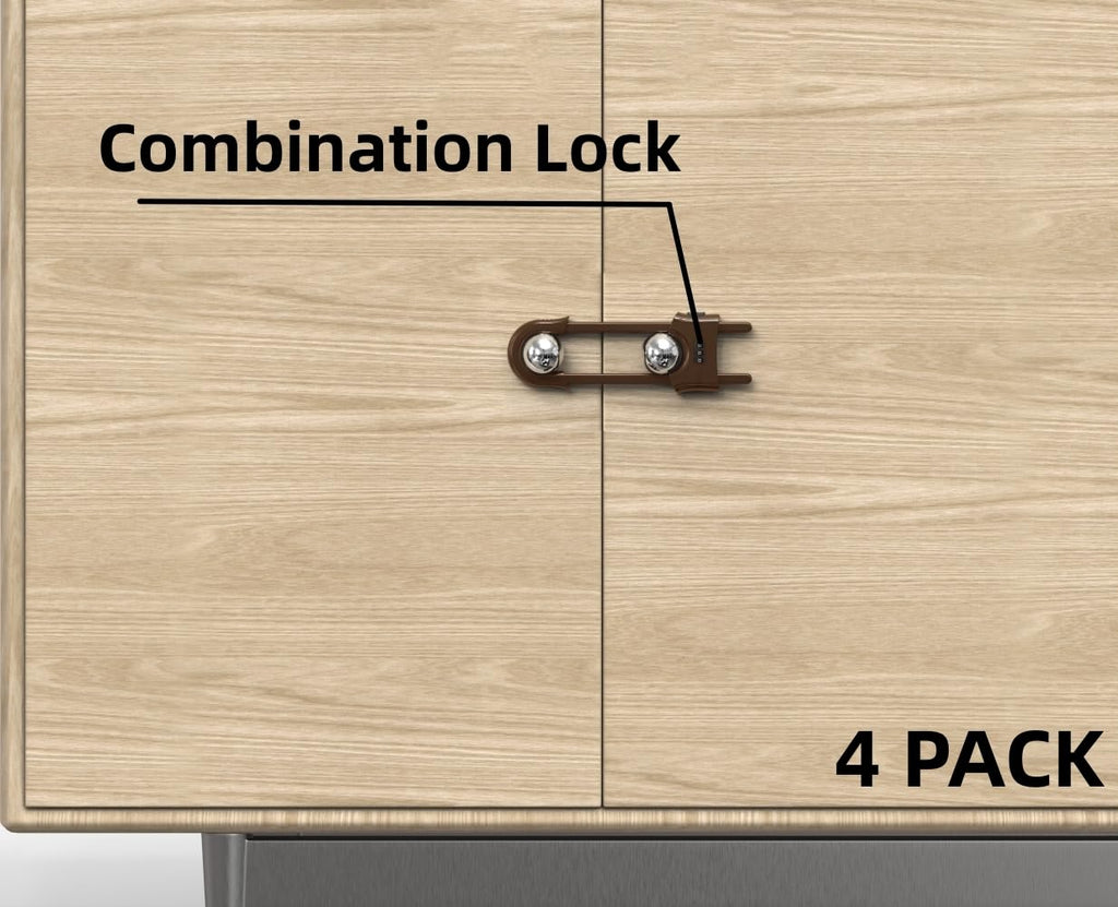 4 Pack Child Proof Sliding Cabinet Door Code Locks Baby Safety Cupboard Locks Adjustable U Shaped Cabinet Latches for Knob Handle Drawers Closet (4 PCS, Coffee)