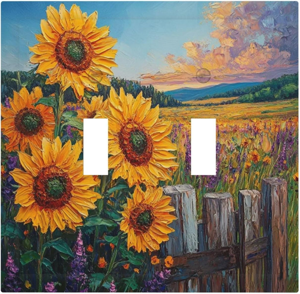 Decorative Light Switch Cover Plate Rustic Wilderness Sunflower Lavender Muzha Oil Painting 2 Gang Wall Plate Oversized Double Toggle Two Switch Wall Cover Plate Faceplate