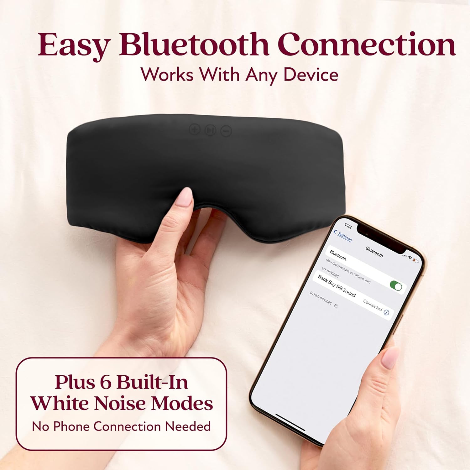 SilkSound 100% Mulberry Silk Bluetooth Sleep Mask, Skin-Friendly Sleeping Eyemask with Bluetooth Headphones, Sleep Gifts for Women, Silk Eye Mask Headband Headphones for Sleeping Side Speakers