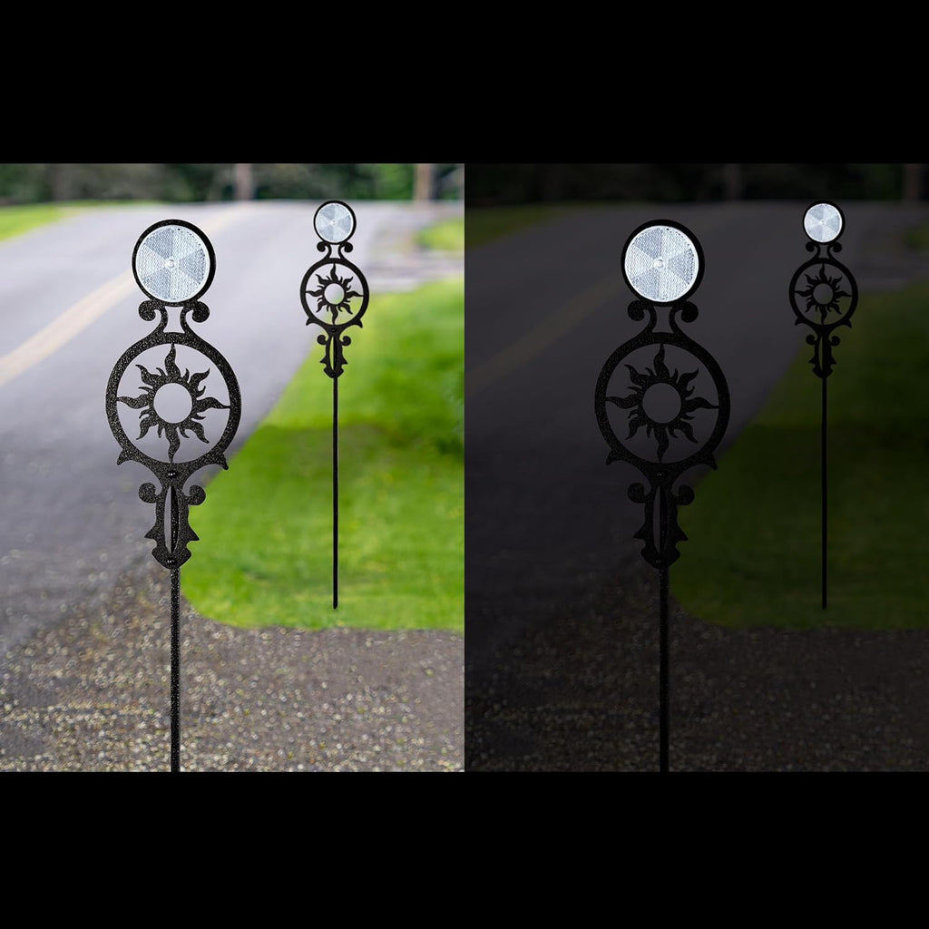 Touch of Class Pathways Reflective Driveway Marker Stake Set of Two for Outdoor Use | Radiating Sun Design | Personalized Tall Reflector Set of 2 | Black Durable Finish