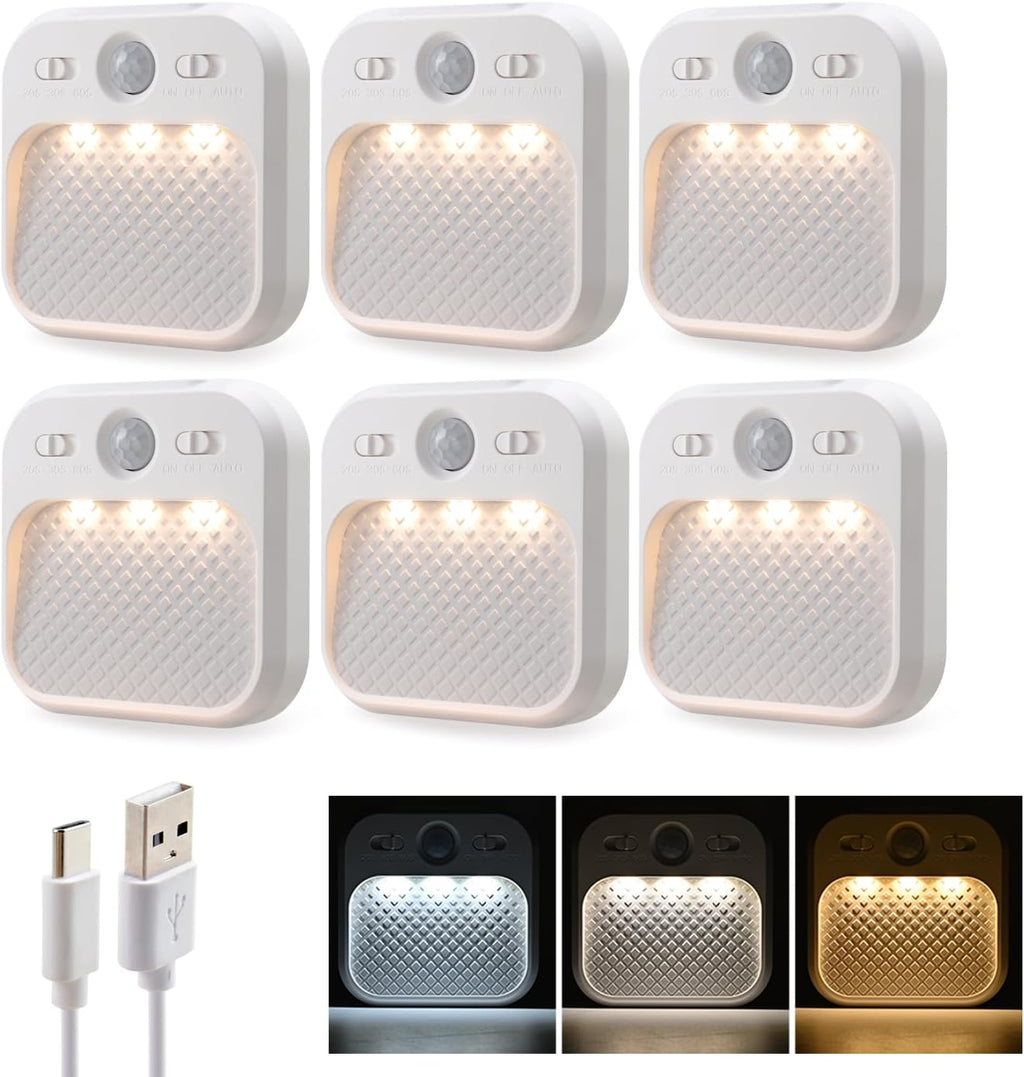 Led Night Light with Motion Detector 6 Pack, Cabinet Light Dimmable with Timer Function, Staircase Lighting 3 Color Temperature 3000/4500/6000K, Hallway Light Rechargeable 600mAh for Children's Room