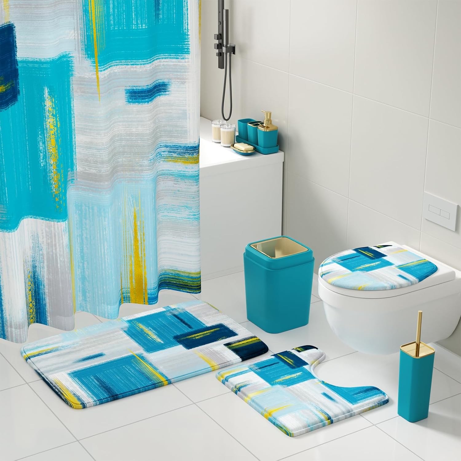 Bathroom Set - Teal Blue Bathroom Accessories Set, Bathroom Sets with Shower Curtain and Rugs, Teal Blue Shower Curtain Set with Bathroom Trash Can, Soap Dispenser, Soap Dish for Home Decor