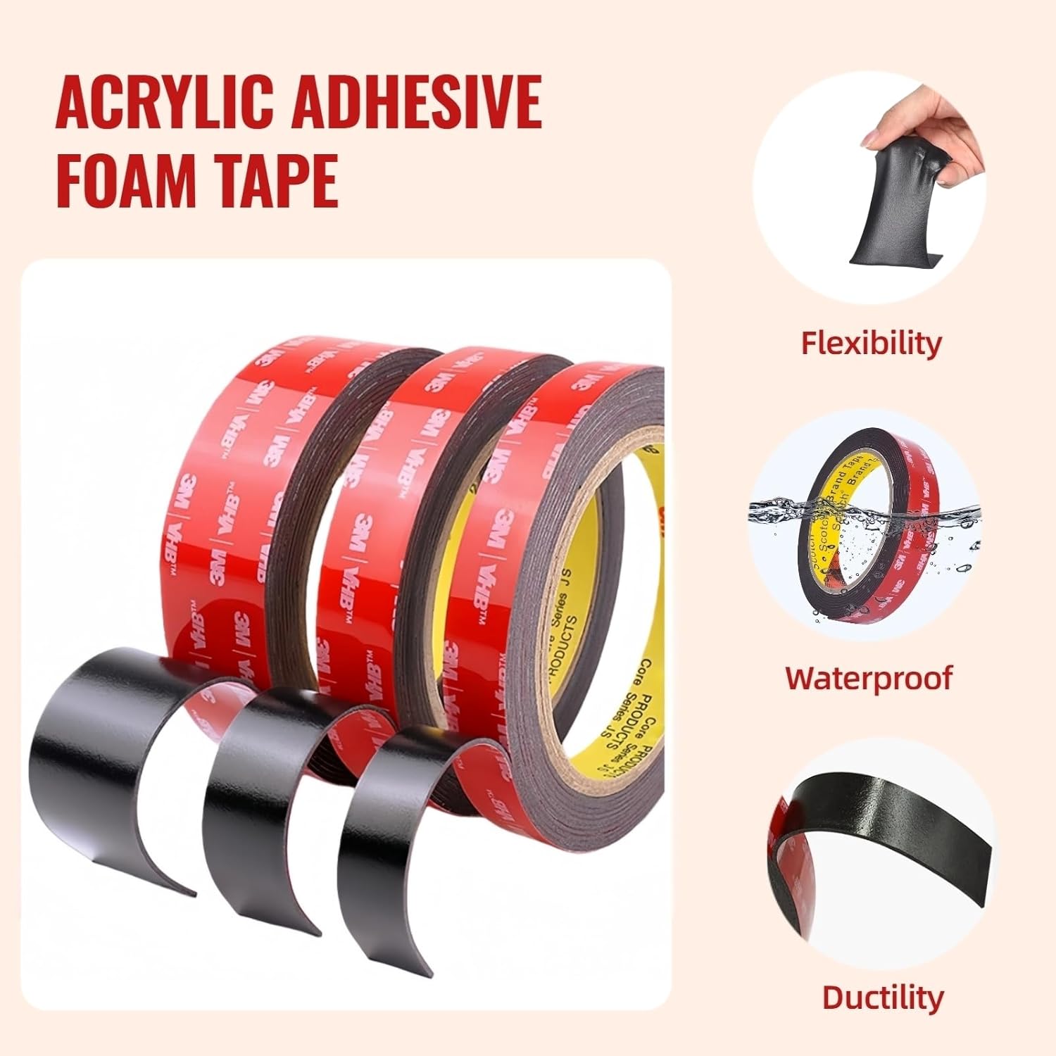 Double Sided Tape Heavy Duty, Adhesive Mounting Tape 1/4 in x 15.5 ft, Waterproof and Temperature Resistant Adhesive Strip Tape for Indoor, Outdoor, Automotive Trim, Home Decor