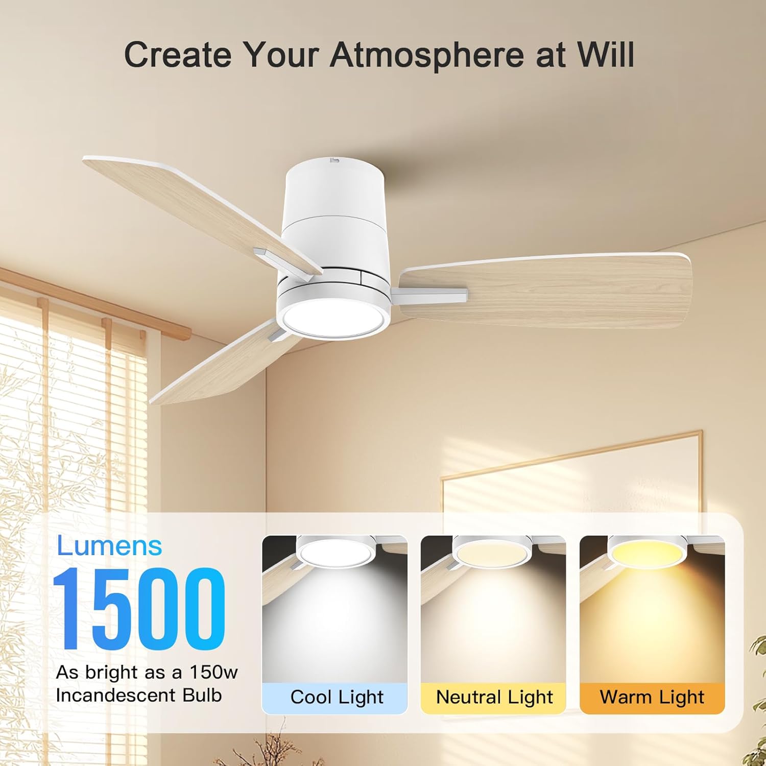 Ceiling Fans with Lights,42 inch,Quiet Reversible Motor,Easy to Install,6 Speeds,3CCT,Timer, White Modern Ceiling Fan for Living Room, Bedroom, Kitchen, Dining room, Office