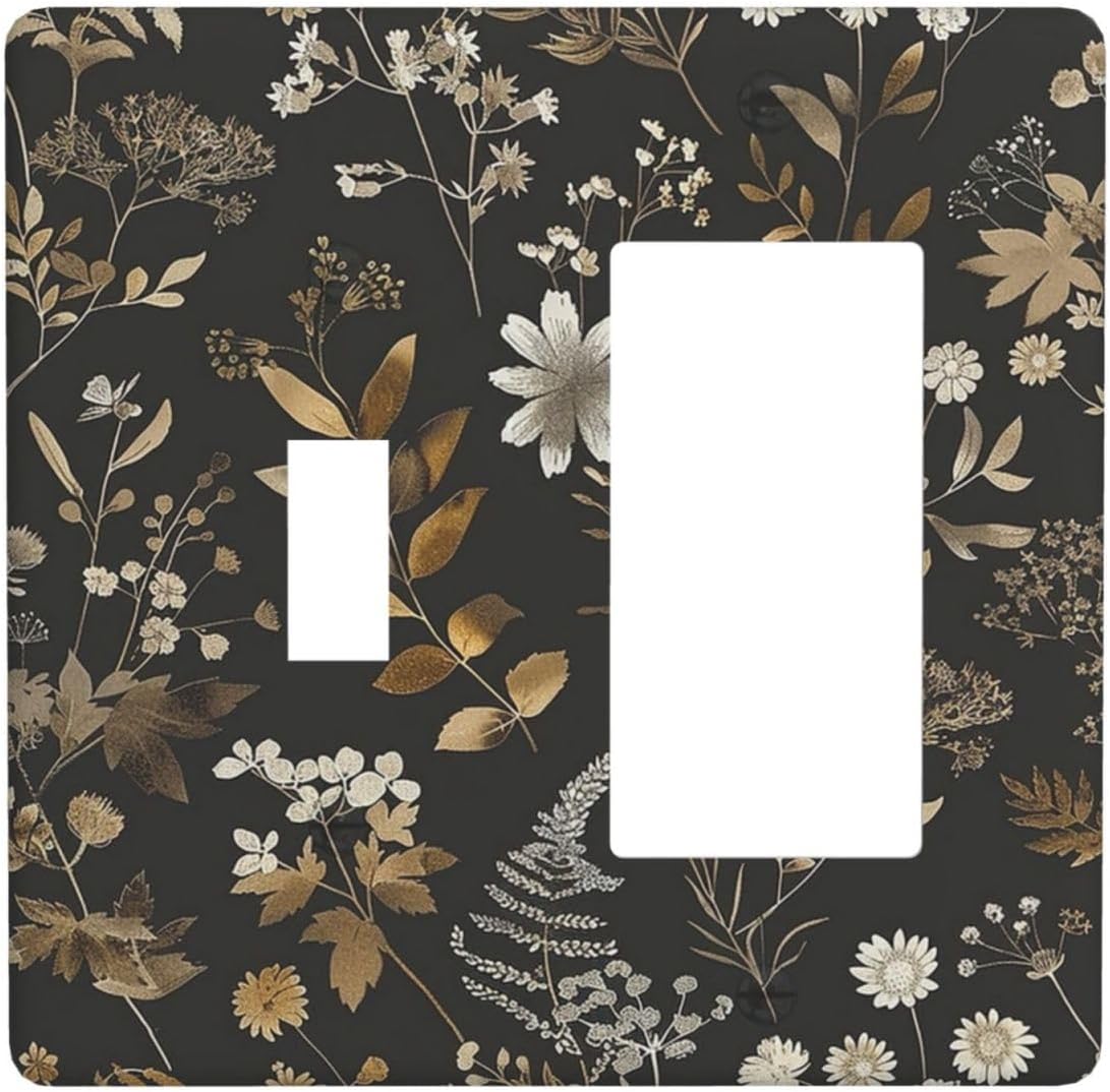 Outlet Covers Black Gold Floral Dark Leaves Vintage Flowers 1 Toggle 1 Rocker Combination Decorative Wall Plate Electrical Switch Plates Light Switch Cover Plate for Bed Room Home Decor