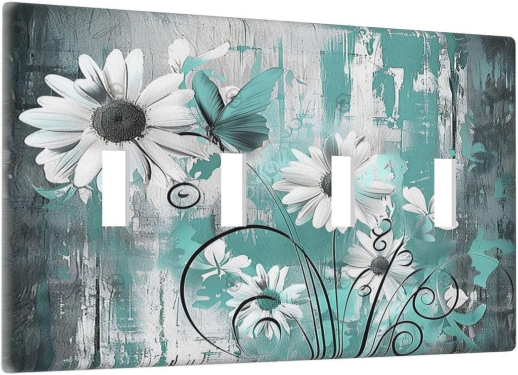 Light Switch Covers Teal Daisy Floral Vintage Wood Plank Quad Toggle Electrical Faceplate 4 Gang Wall Plate Decorative Switch Plates For Farmhouse Cabin Decor