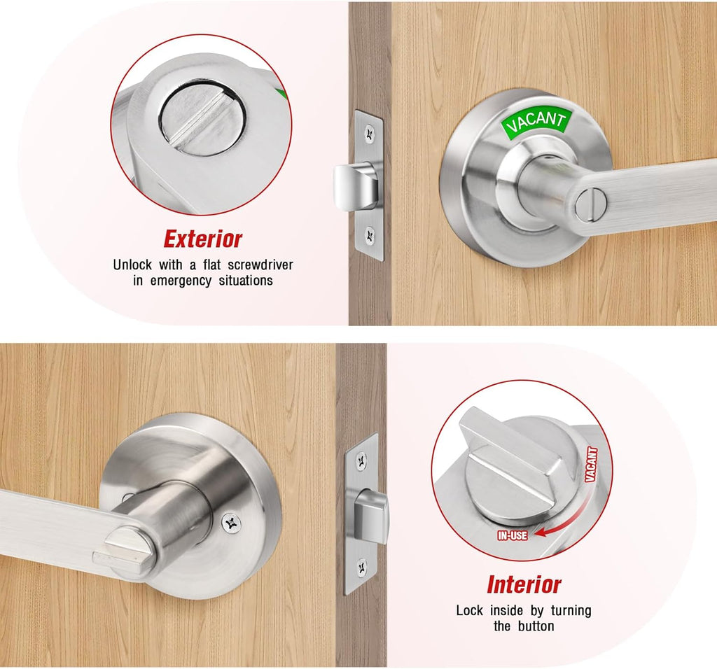Bathroom Indicator Privacy Door Lock, Vacant Occupied Lock, Large Vacant or In-Use Door Handle, ANSI Grade 2 Commercial Grade, Satin Chrome