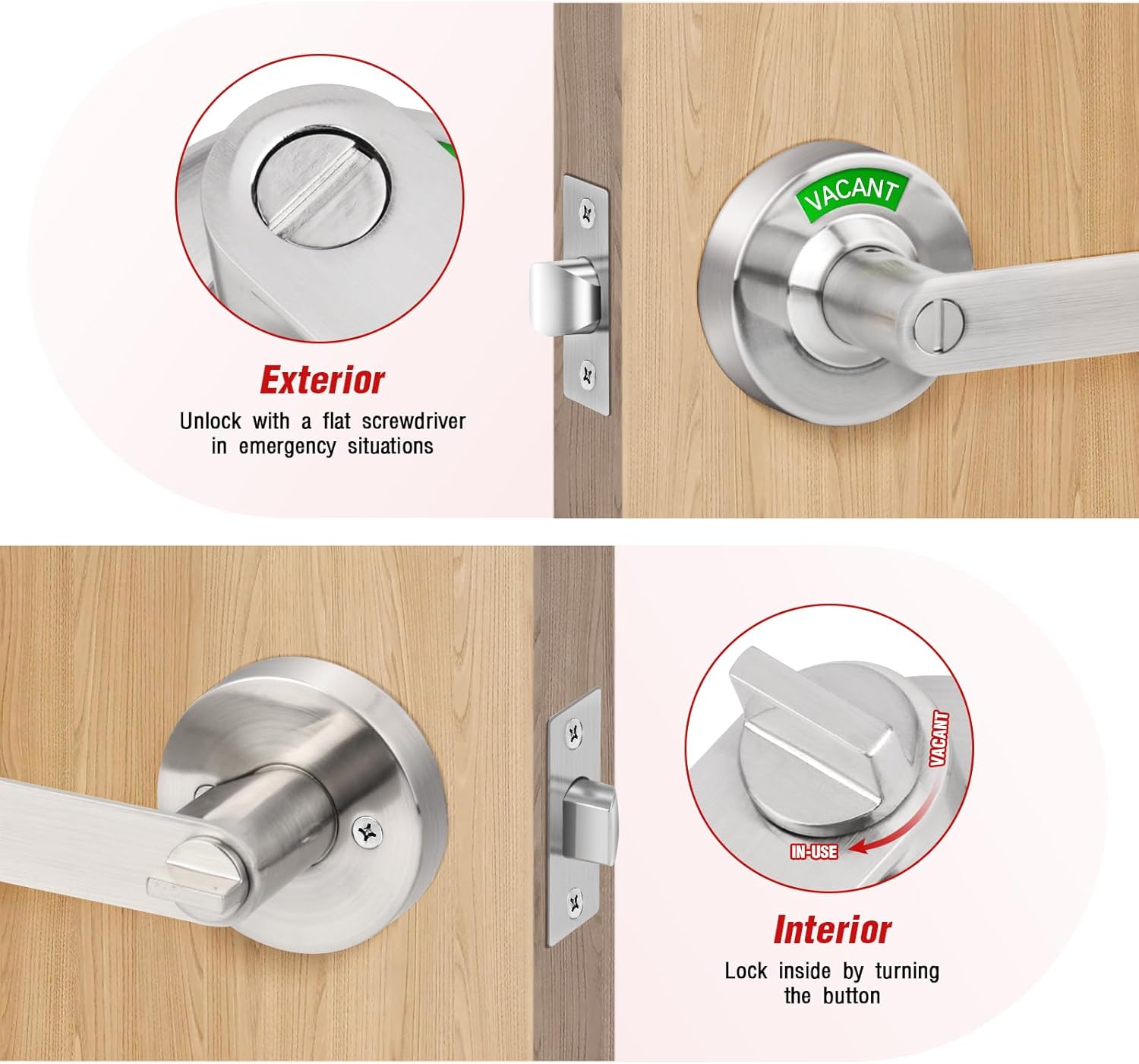 Bathroom Indicator Privacy Door Lock, Vacant Occupied Lock, Large Vacant or In-Use Door Handle, ANSI Grade 2 Commercial Grade, Satin Chrome