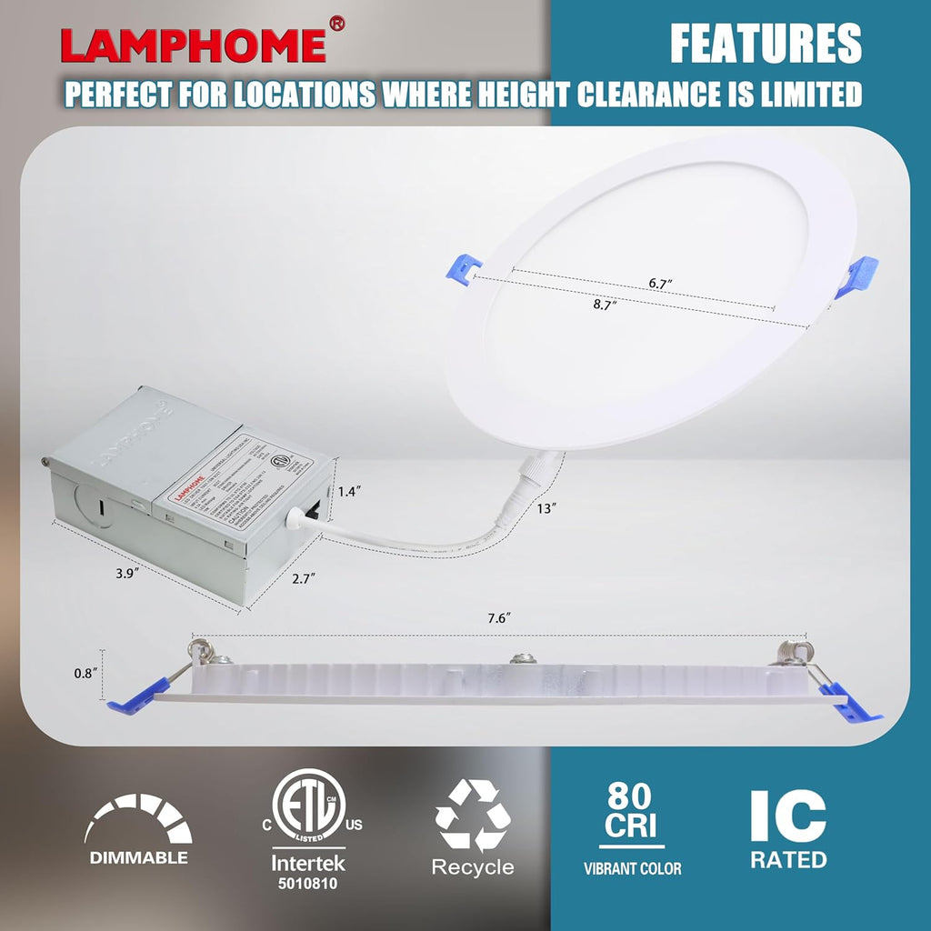 LAMPHOME 12-Pack of 8-Inch Slim LED Recessed Lights with Junction Box, Adjustable Color Temperatures (2700K-5000K), 18W Equivalent to 125W, Dimmable, 1600LM Brightness - ETL and Energy Star Certified