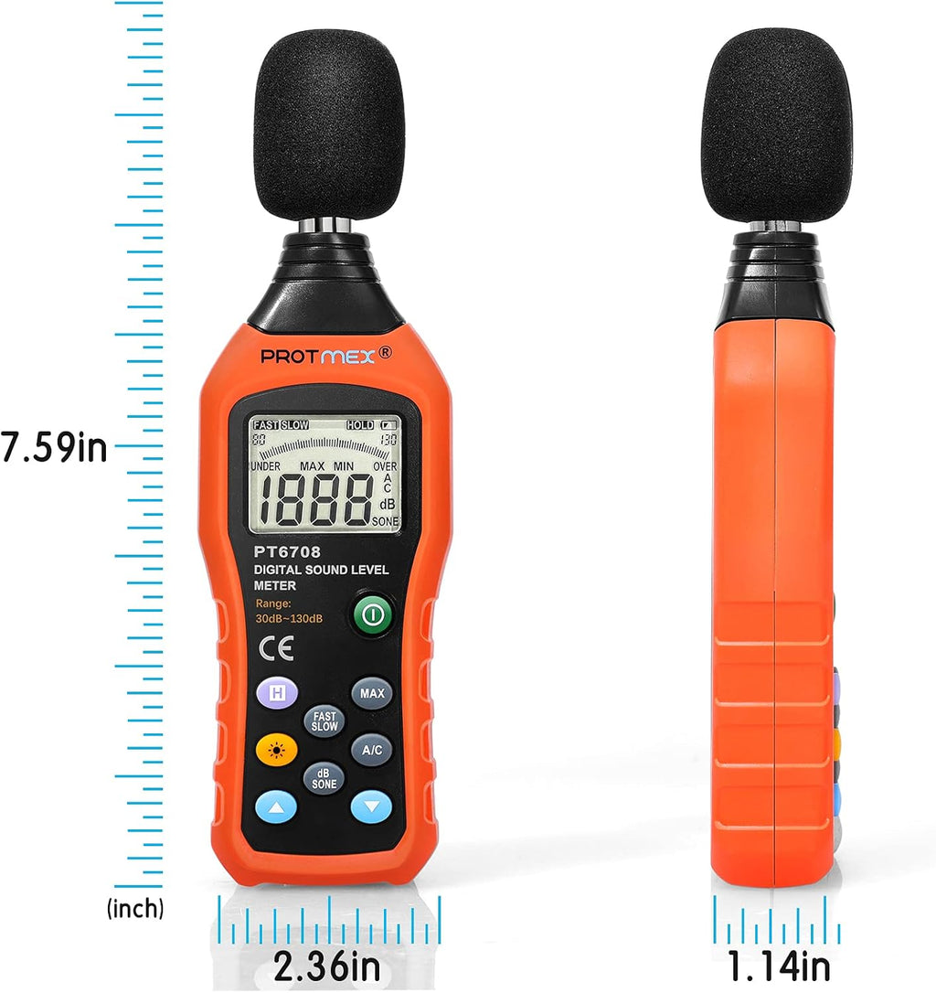 Protmex PT6708 Sound Level Meter, Digital Decibel Reader Measurement, Range 30-130 dB, Accuracy 1.5dB Noise Meter with Large LCD Screen Display, Fast and Slow Selection (Batteries Include)