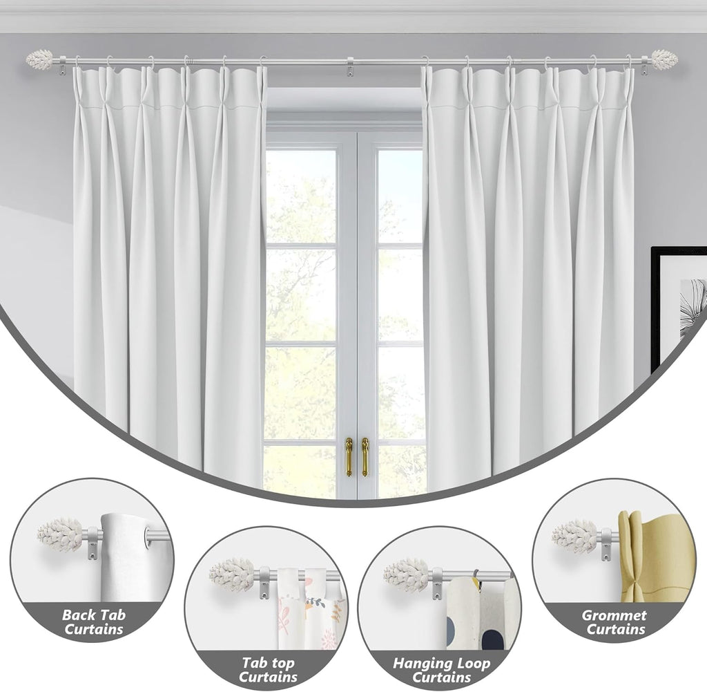 Silver Curtain Rods for Windows 48 to 84 Inches, 1 Inch Diameter Heavy Duty Single Curtain Rod, Adjustable Window Curtain Rod Drapery Rod with Decorative Finials