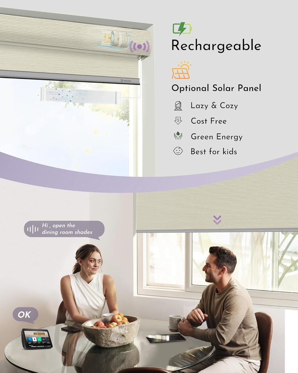 Graywind Smart Blackout Roller Shades Compatible with Alexa Google Textured Gleaming Fabric Rechargeable Motorized Blinds Cordless Remote Control Window Shades, Custom Size (Striped Beige)