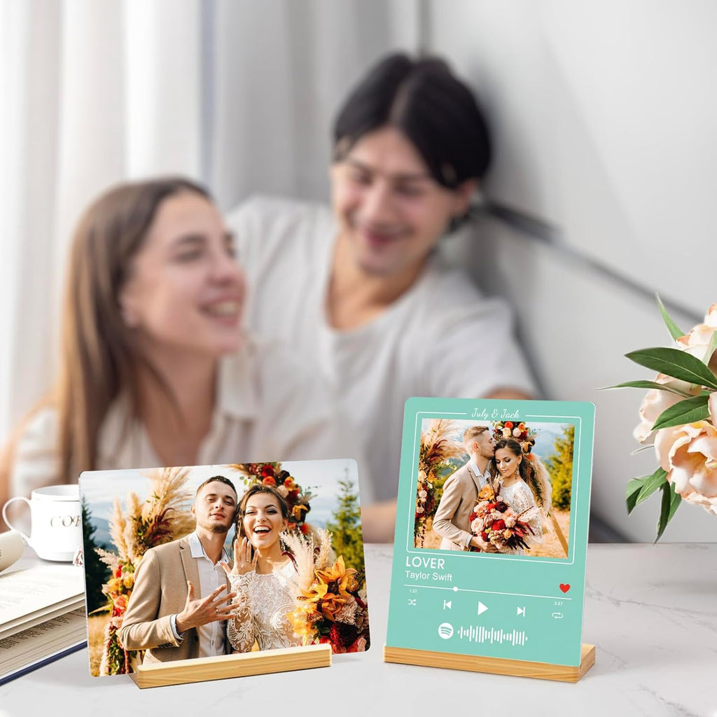 Custom Photo Prints - Metal Desktop Picture Frame with Photos & Spotify Song Plaque & Wooden Base Personalized Gifts for Family Friends and Lovers, Optional Multiple Sizes