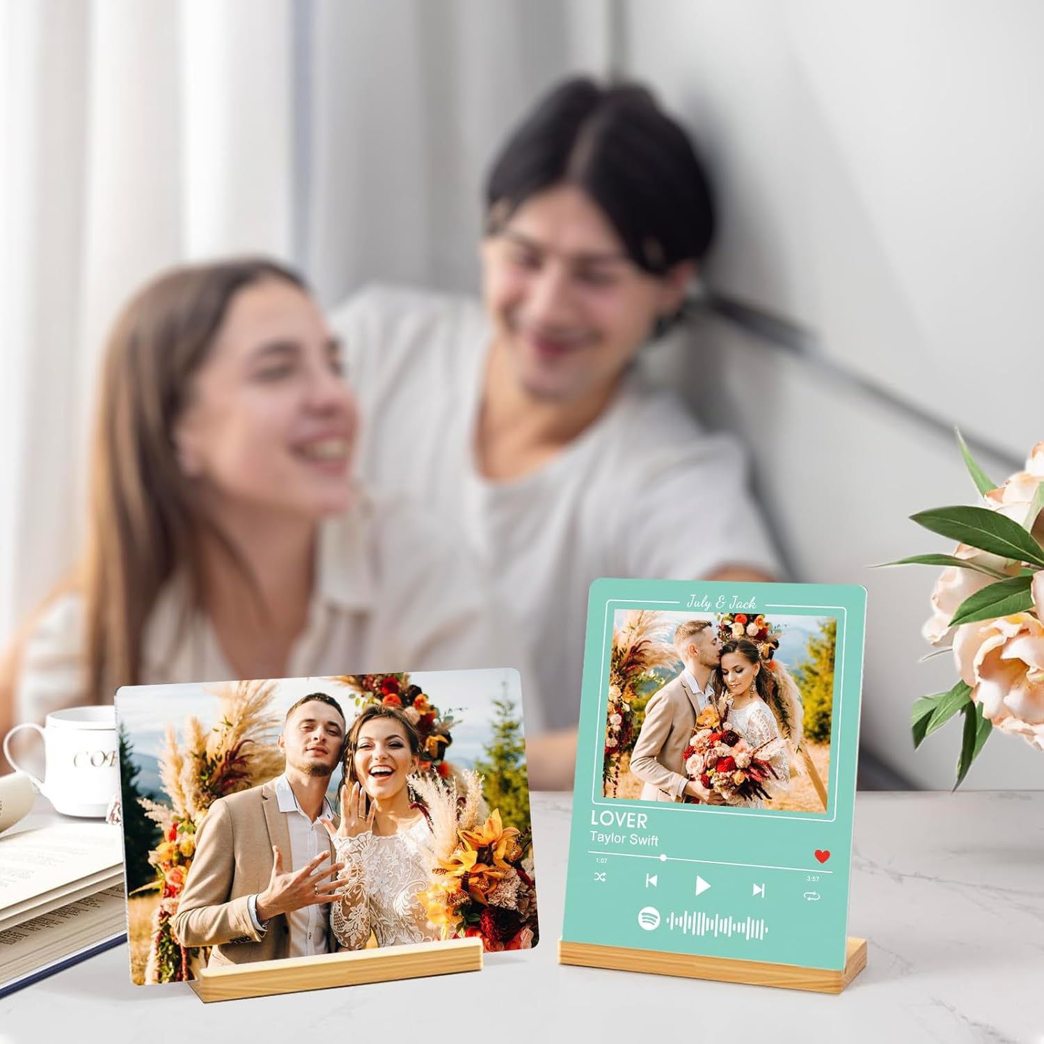 Custom Photo Prints - Metal Desktop Picture Frame with Photos & Spotify Song Plaque & Wooden Base Personalized Gifts for Family Friends and Lovers, Optional Multiple Sizes
