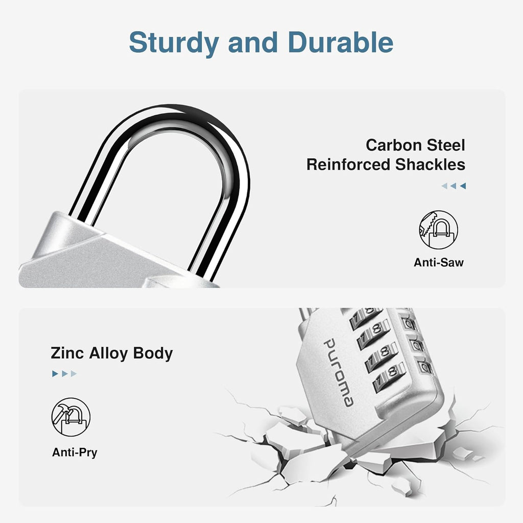 Puroma 2 Pack Combination Lock for Locker 4 Digit Outdoor Waterproof Padlock for School, Gym, Sports, Fence, Toolbox, Gate, Case, Outdoor, Hasp Storage, Cabinets (Silver)