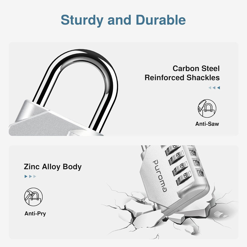 Puroma 1 Pack Combination Lock for Locker 4 Digit Outdoor Waterproof Padlock for School, Gym, Sports, Fence, Toolbox, Gate, Case, Outdoor, Hasp Storage, Cabinets (Silver)