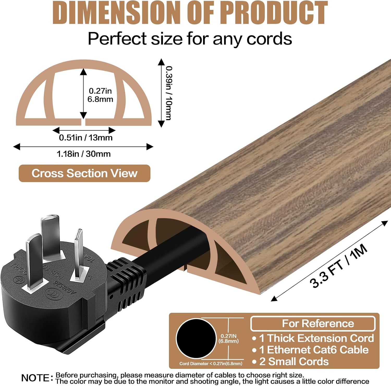 Floor Cord Cover Self Adhesive Cord Hider,3.3FT Cable Management, Extension Strip Protector for Wires, Prevent Cable Trips for Offices, Gyms, Exhibitions Cavity:0.39"(W) x0.27(H) Woodsmokedbrown