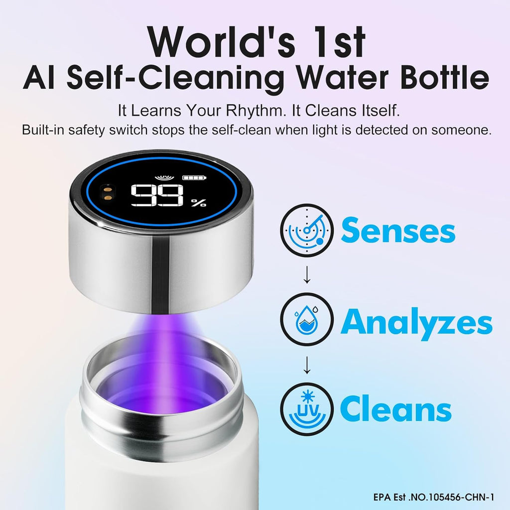 Vsitoo Smart self cleaning Insulated Water Bottle, 8.5oz Stainless Steel Vacuum Flask, AI Self-Clean, 30-Day Battery Life, BPA-Free, Magnetic Charging, Portable Travel Mug Gifts for Men Women, White