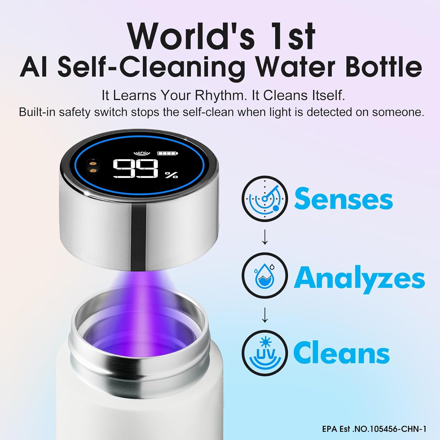 Vsitoo Smart self cleaning Insulated Water Bottle, 8.5oz Stainless Steel Vacuum Flask, AI Self-Clean, 30-Day Battery Life, BPA-Free, Magnetic Charging, Portable Travel Mug Gifts for Men Women, White