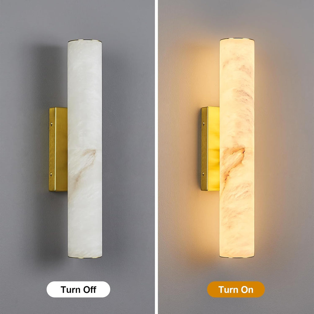 LMQNINE Natural Alabaster Wall Sconces Set of Two Spanish Marble Wall Light Cylinder Modern Gold LED Sconce for Living Room Bedroom Bathroo Stairs（S-2Pack）