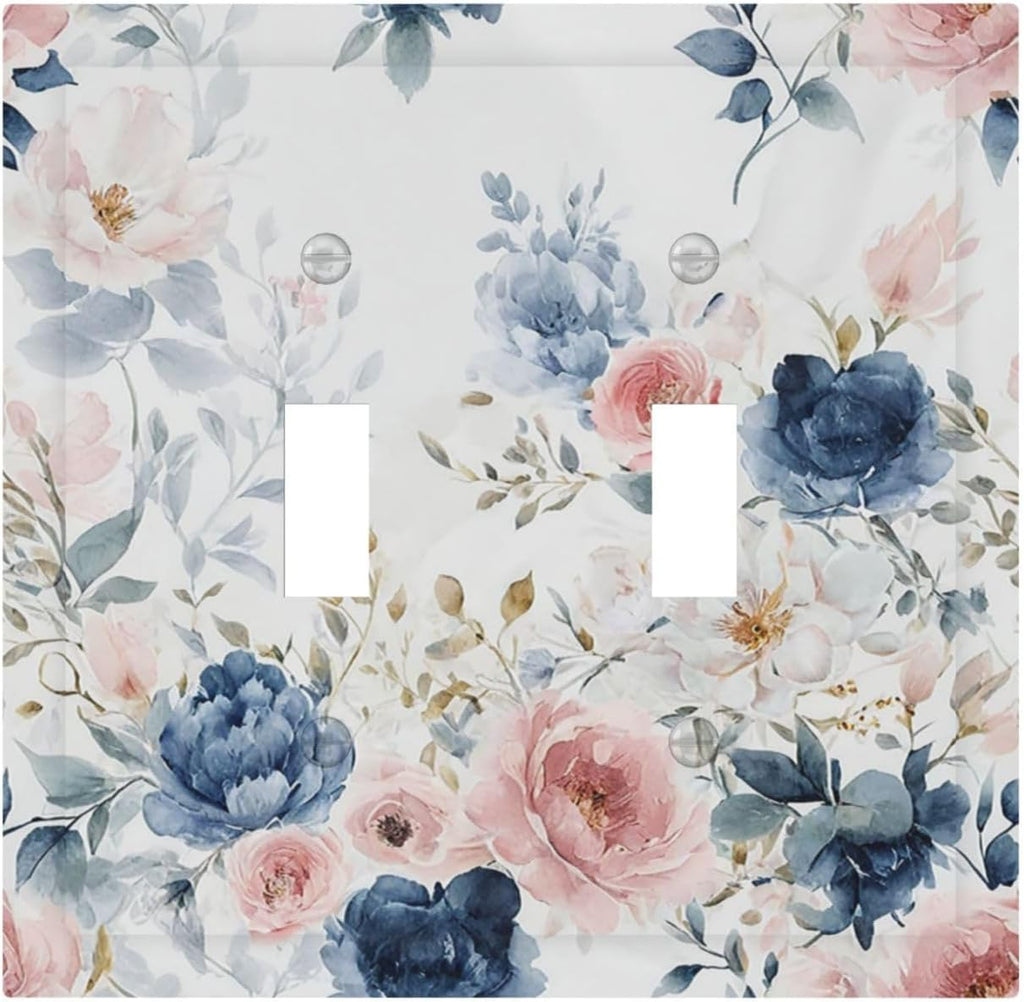 Elegant Watercolor Pink Blue Flowers Floral 2 Gang Double Toggle Light Switch Cover Decorative Switchplate Electrical Wall Plates Faceplate for Bathroom Bedroom Decor 4.9 X 5 IN