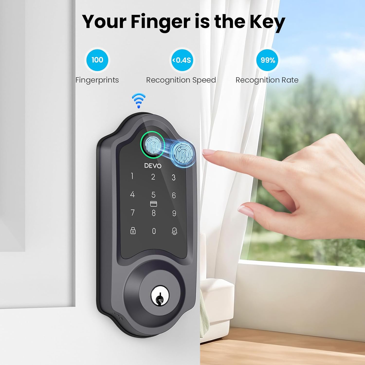 DEVO G8 Smart Lock with Doorbell - 6-in-1 Fingerprint Keyless Entry Deadbolt, Built-in Wi-Fi & APP Control, IP54 Waterproof Auto-Lock for Front Door Security, Easy Install (BHMA Certified)