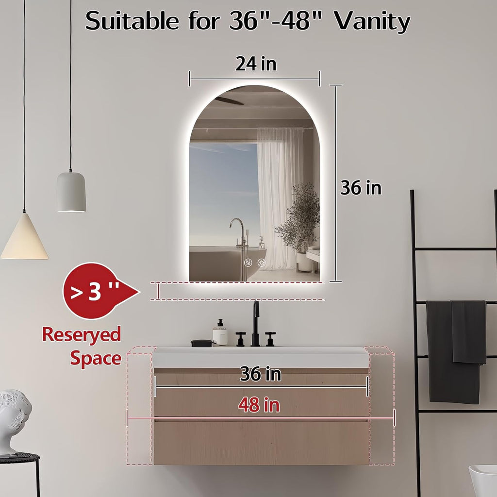 Niccy Arched LED Bathroom Mirror, 36x24 Inch Arch Frameless Backlit Mirrors for Wall Arched Lighted Vanity Mirrors Defogger and 3 Color, Explosion-Proof, HD Glass and IP65 Waterproof