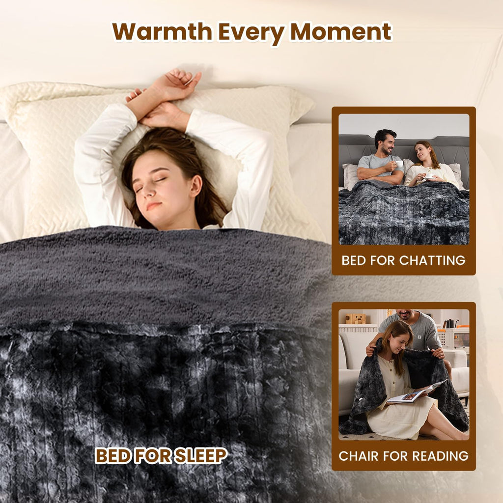 Bearhug Heated Blanket with Dual Controls Electric Heating Blankets Auto Shutoff Electric Blanket Machine Washable Overheat Protection Marble Black Queen Size 84"x 90"