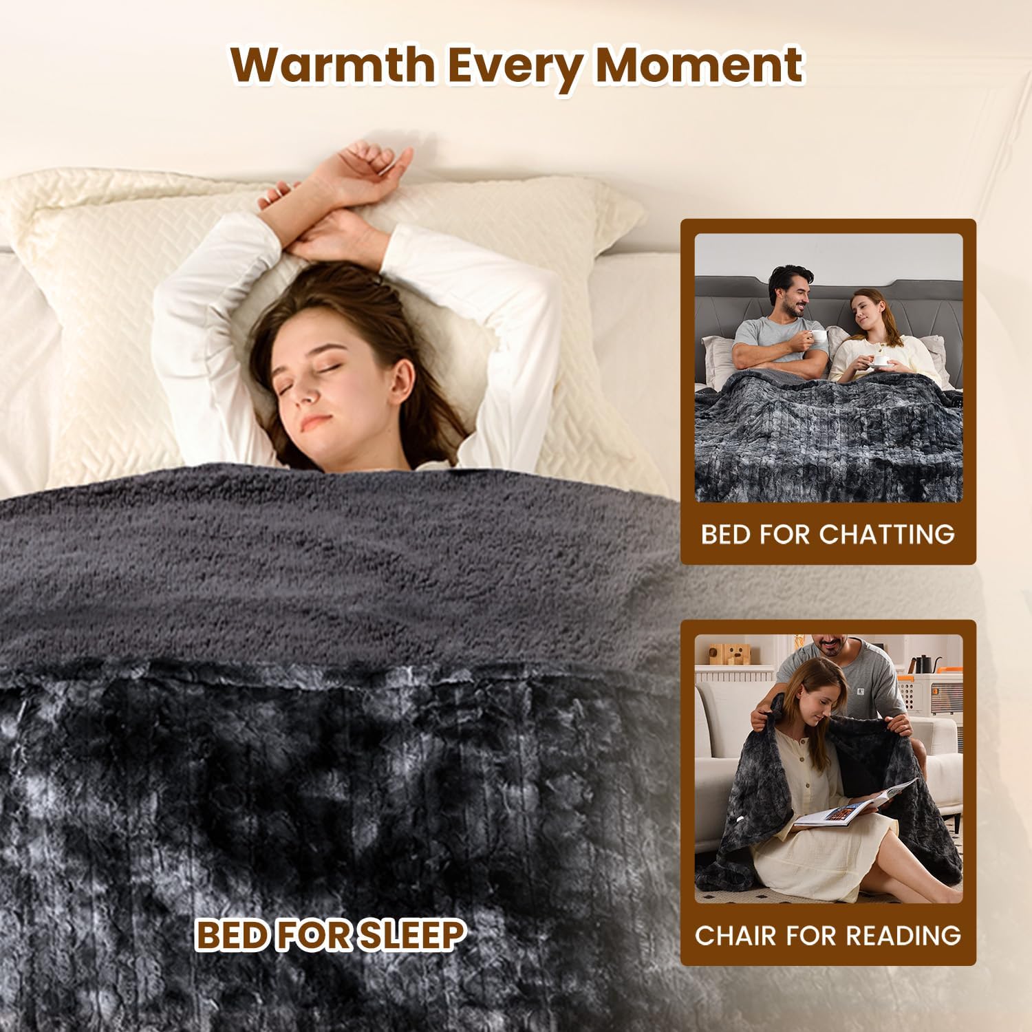 Bearhug Heated Blanket with Dual Controls Electric Heating Blankets Auto Shutoff Electric Blanket Machine Washable Overheat Protection Marble Black Queen Size 84"x 90"