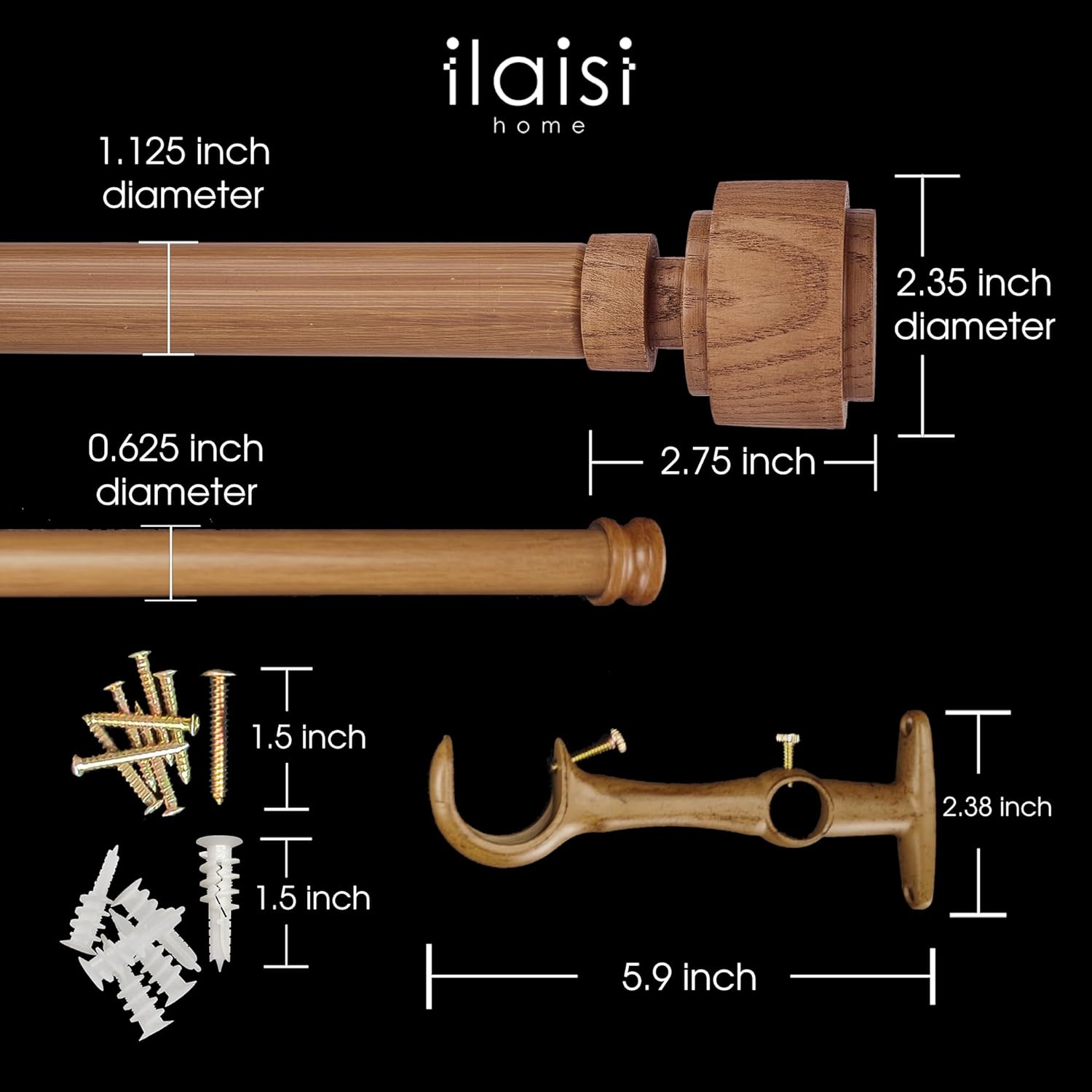 1-1/8 Inch Diameter Faux Wood Curtain Rod with Wood Grain Finials, 72-144 inch Telescoping Double Curtain Rods for window width 68-140 inch, 1 pack