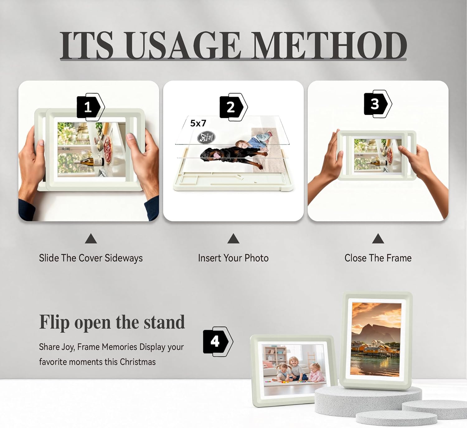 Light Gray 5x7 Picture Frame with Acrylic Front 2 Pack, ABS Frame for 5x7 or 4x7 Photos, Shatterproof UV-Resistant Tabletop Photo Frame, Vertical/Horizontal Display for Home Décor