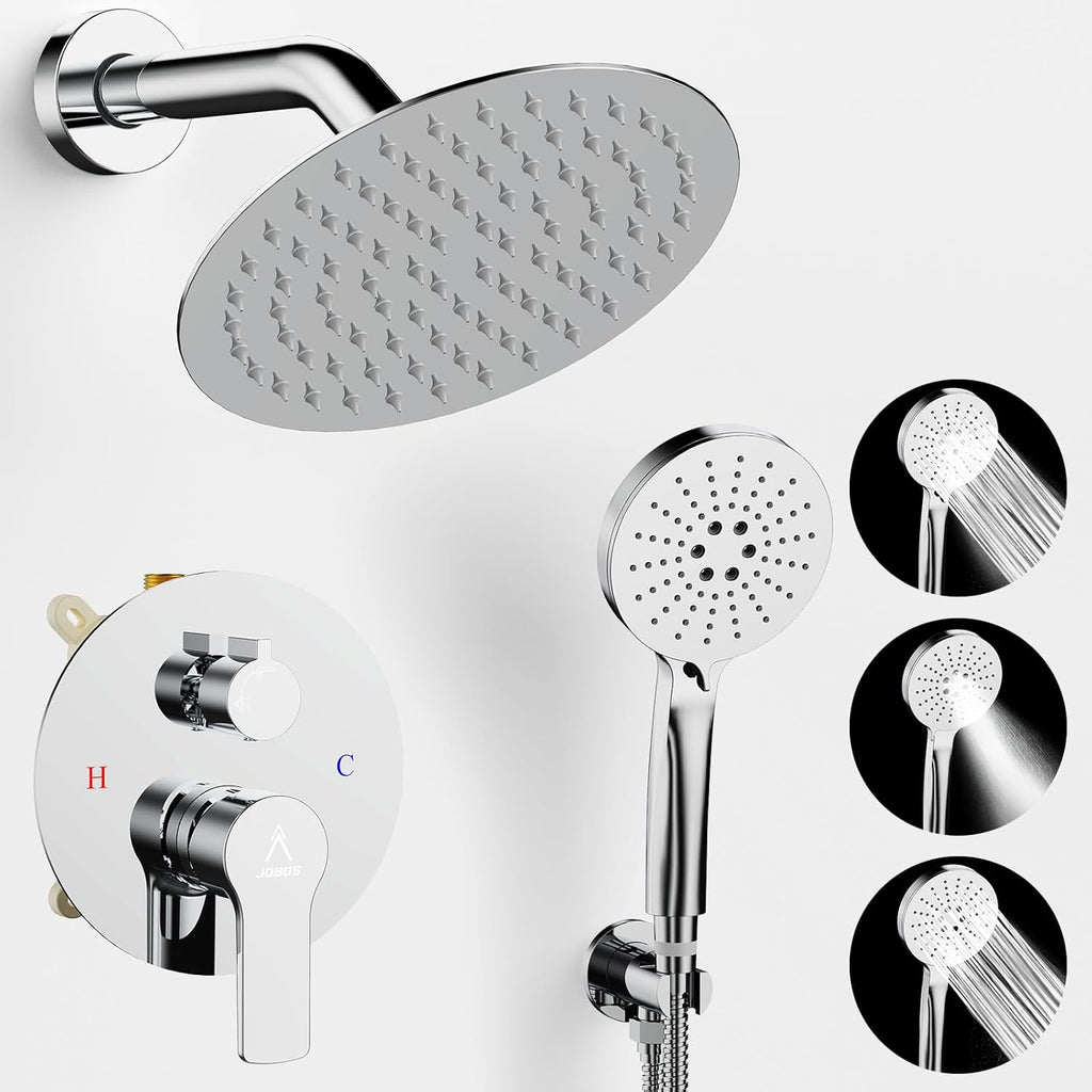 Shower Faucet Set 8IN Brass Rough-In Valve Body Trim Kit Rainfall Included Handle Accessories Complete 2 Functions with Rain Head and Handheld Bathroom Systems (8‘’, Chrome Polished)