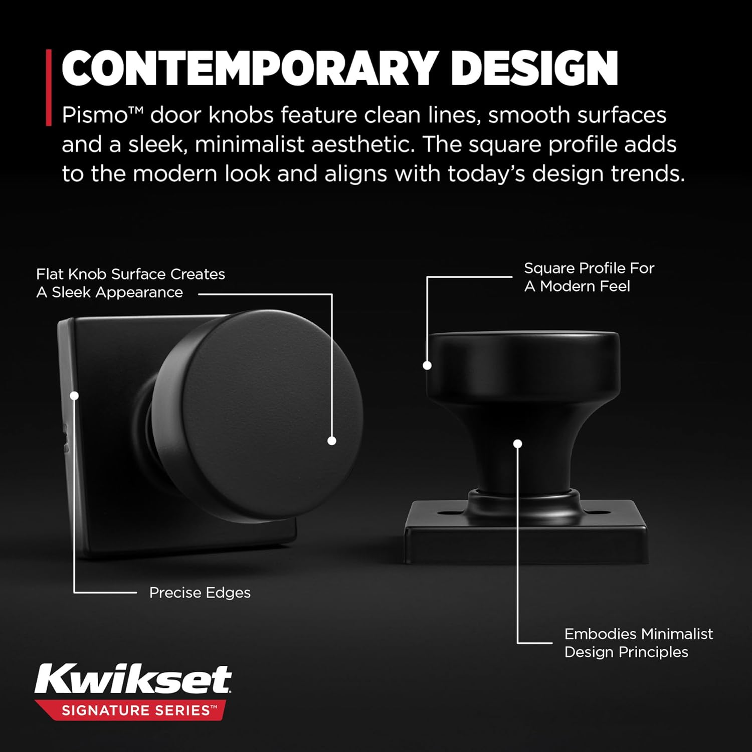 Kwikset Pismo Interior Passage Door Knob, Handle for Closet and Hallway Doors, Non-Locking Doorknob in Matte Black, with Microban Protection, Square Rose (Pack of 4)
