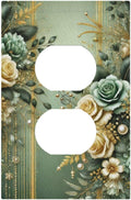 Decorative Outlet Covers Rustic Green Floral Leaves Teal Flowers Gold Stripe 1 Gang Duplex Light Switch Cover Plate Wall Plates for Electrical Outlets Switchplate Faceplate