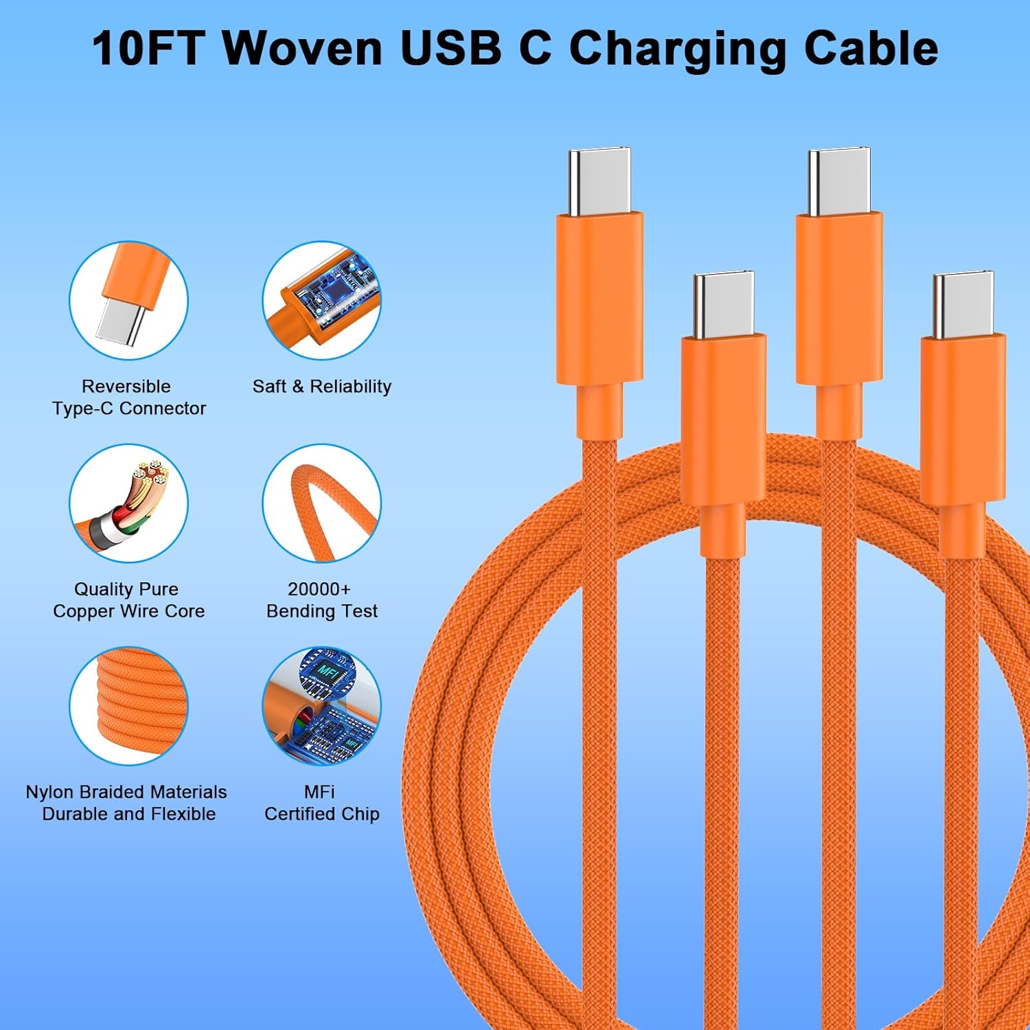iPhone 17 Pro Max Charger Fast Charging, 40W USB C iPhone 17 Fast Charger Block with 10 FT Long Type C to C Charging Cable Cord for iPhone 17/17 Pro Max/17 Pro/Air/16/16 Pro Max/15/15 Pro Max, Orange