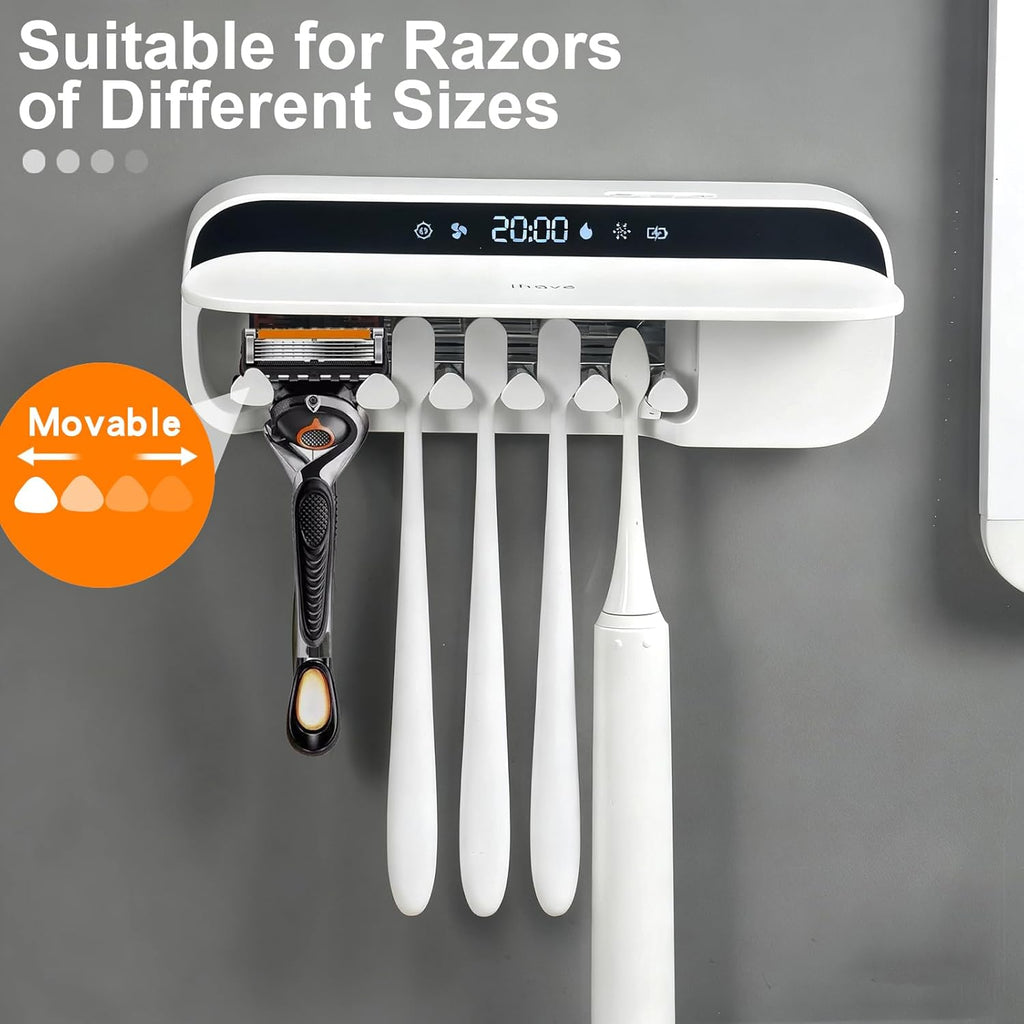 iHave Toothbrush Sanitizer and Holder, UV Toothbrush Holders for Bathrooms with 100M Negative Ions for 360° Disinfection, Mold Control & Odor Neutralization, 5-Slot Turbofan Drying Toothbrush Holder