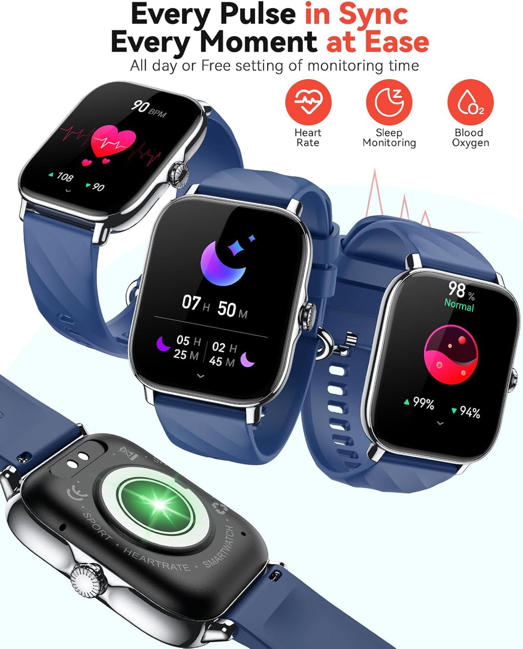 Smart Watches Fitness Tracker for Men Women with Step Counter, Sleep / Calorie Monitor, Pedometer, IP68 Waterproof, 120+ Sports for iPhone Android, 1.91”HD Touchscreen Smartwatch (Casual, Blue, 1.91)