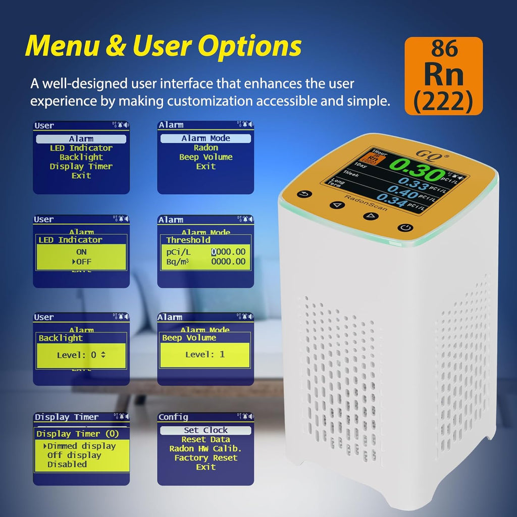 GQ Radon Detector Radonscan Home Radon Monitor Alpha Radiative Gas Radiation Design in USA Large Color Display Short and Long Term continuously Monitor Accurate Fast Sensitive Data Saving
