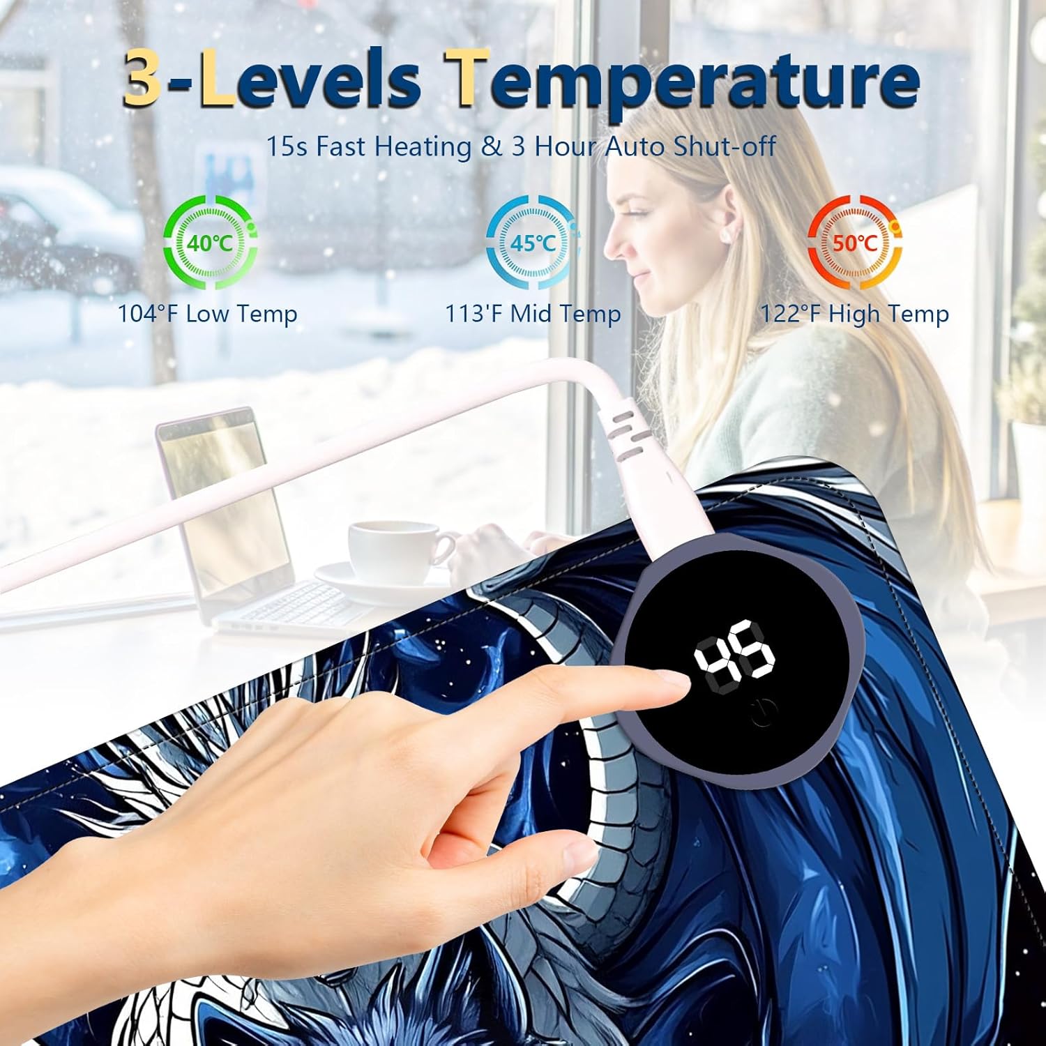 Heated Mouse Pad with 3 Temperature Settings(104°F–122°F),Large 31.5x13 Inch PU Leather Heated Desk Mat,Waterproof Warming Pad for Office,Gaming & Cold Hands Relief,Dragon and Wolf