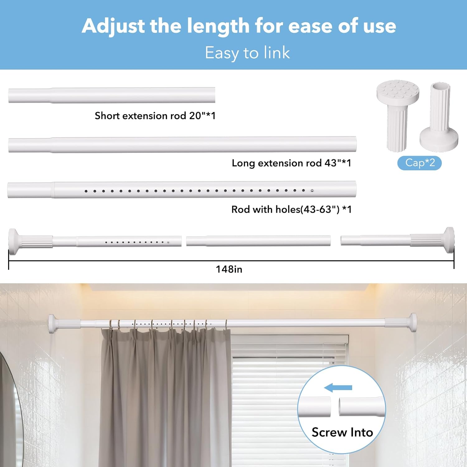 Tension Curtain Rod 51–148 In (4.25–12.33 ft),Extra Long Outdoor Curtain Rod for Window or Bathroom Patio,Easy to Install No Drilling Never Rust,Heavy Duty Adjustable Spring Shower Rod
