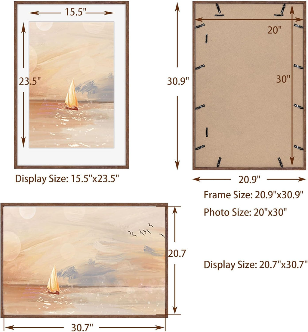 Fun Memories 20x30 Picture Frame 2 Packs, Solid Oak Wood Frames 20 x 30 for Home Decor, Large 20"x30" Poster Frame with Tempered Glass, 20x30 Frames Matted to 16x24, Walnut Color