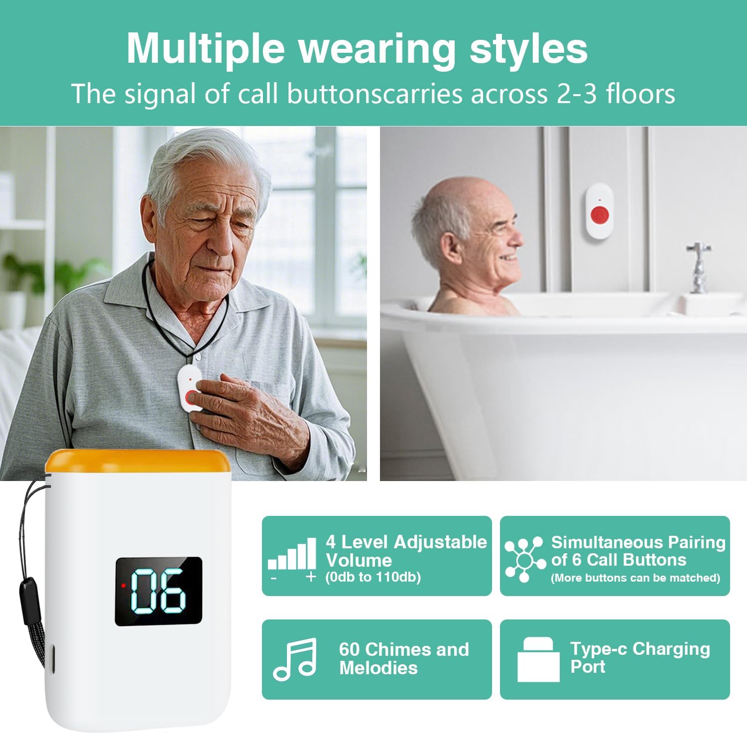 Caregiver Pager Wireless Call Button for Elderly Monitoring Vibration Call Bell Medical Alert System with Digital Display for Elderly/Patient/Disabled at Home/Hospital/Clinic