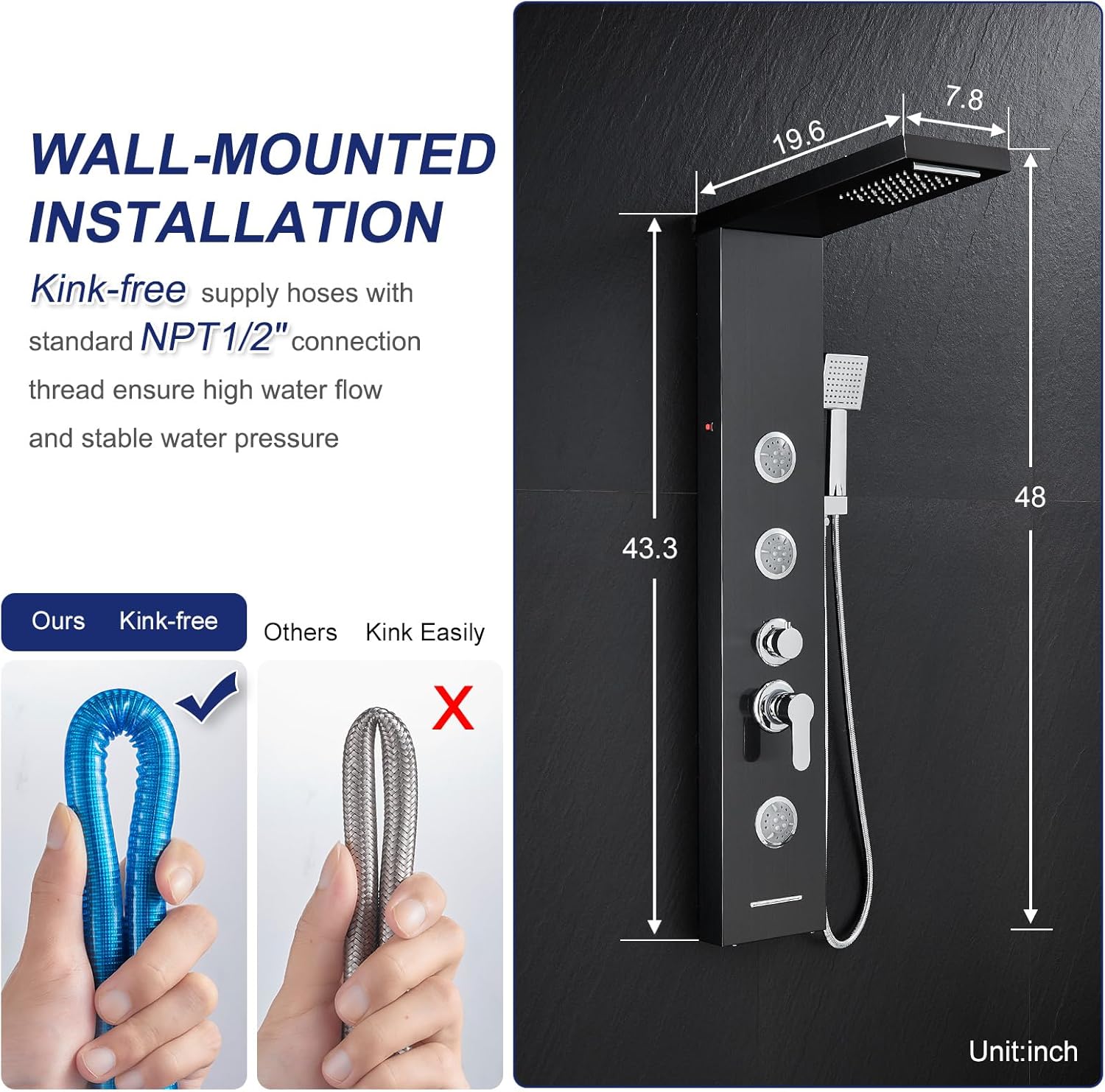 ROVATE LED Shower Panel Tower System with Rainfall Waterfall Shower, Black Shower Tower with Jets and Rainfall and Handheld, 5 in 1 Stainless Steel Shower Column High Pressure with Tub Spout