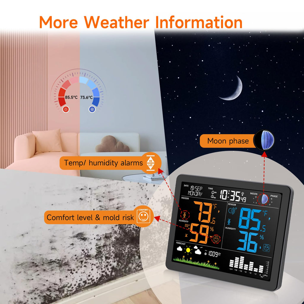 Uzoli EM3566 Weather Station Wireless Indoor Outdoor, 7.4“ Large Weather Station with Atomic Clock, Indoor Outdoor Temperature Humidity, Weather Forecast, Alarms with Snooze, Easy to Read