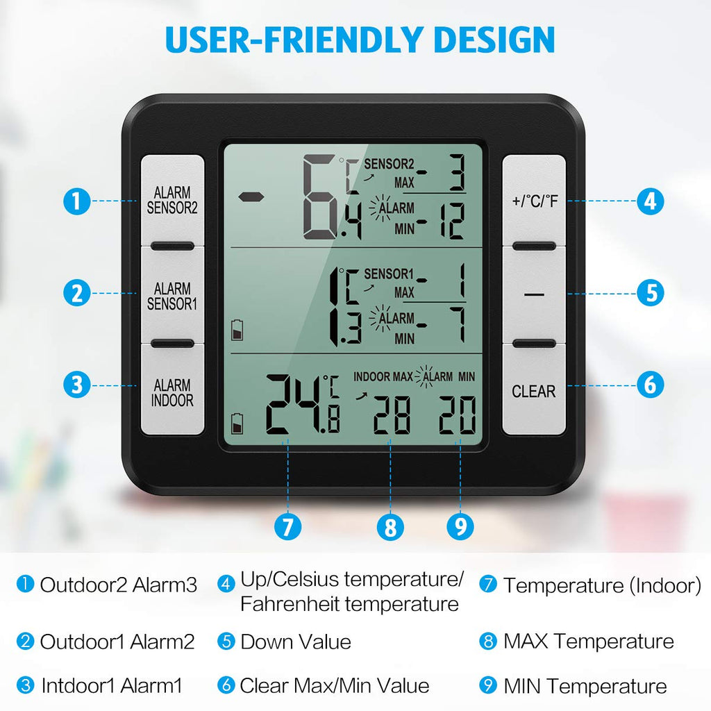 (New Version) AMIR Refrigerator Thermometer, Wireless Indoor Outdoor Thermometer, Sensor Temperature Monitor with Audible Alarm Temperature Gauge for Freezer Kitchen Home (Battery not Included)