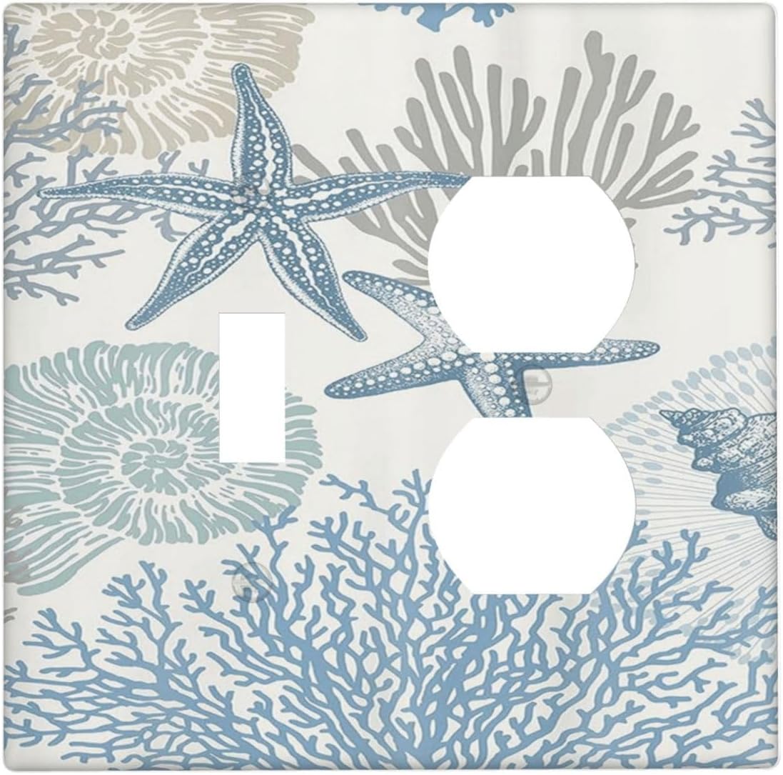Decorative Outlet Covers Blue Starfish Coral Seaweed 2 Gang Wall Plate Single Toggle Duplex Light Switch Cover Switch Plate Covers for Bathroom Bedroom Home Decor