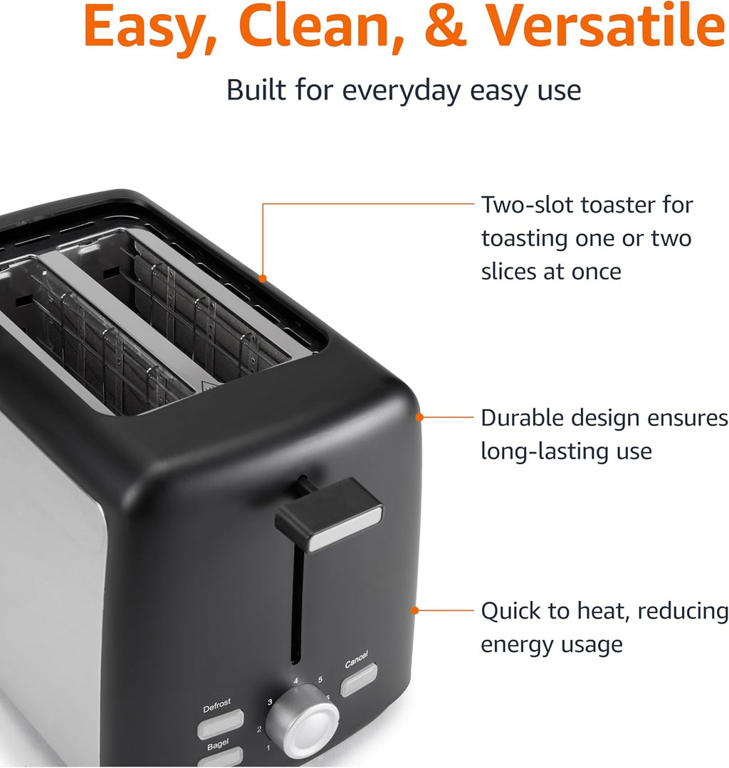 Amazon Basics 2 Slice Toaster, With 7 Browning Settings, Extra Wide Slots For Bagels and Special Breads, Removable Easy-to-Clean Crumb Trays, Cancel/Defrost/Bagel Buttons, 800W, Black & Silver