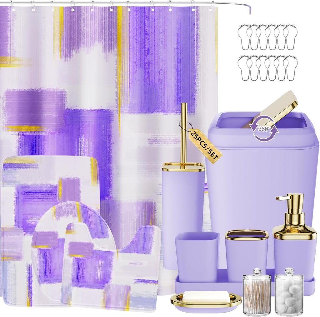 Bathroom Set - Purple and Gold Bathroom Accessories Set, Bathroom Sets with Shower Curtain and Rugs, Purple Shower Curtain Set with Bathroom Trash Can, Soap Dispenser, Soap Dish for Home Decor