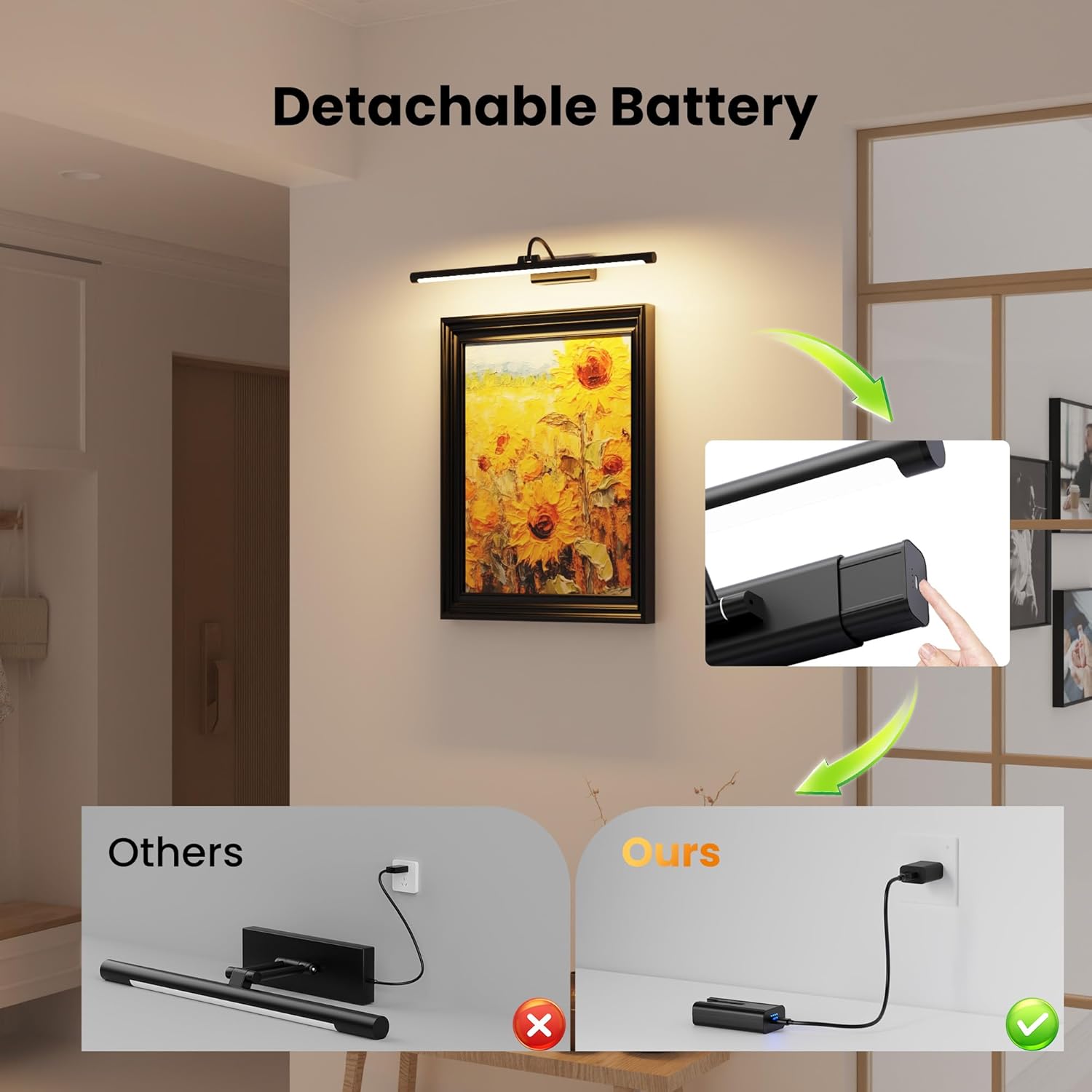 24" Picture Light with 8000mAh Battery - Black Operated Wireless Wall Sconce with Remote & Timer for Large Paintings, Photo, Canvas & Artwork