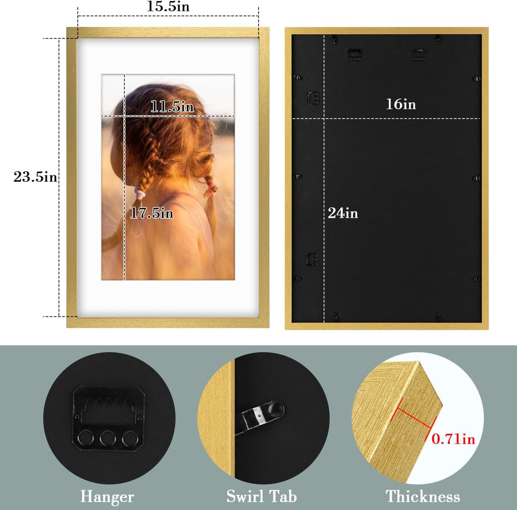 Golden State Art, 16X24 Picture Frame with Mat for 12X18 - High Definition Glass Wall Mounting Horizontal Vertical Display (Gold, 2 Pack)
